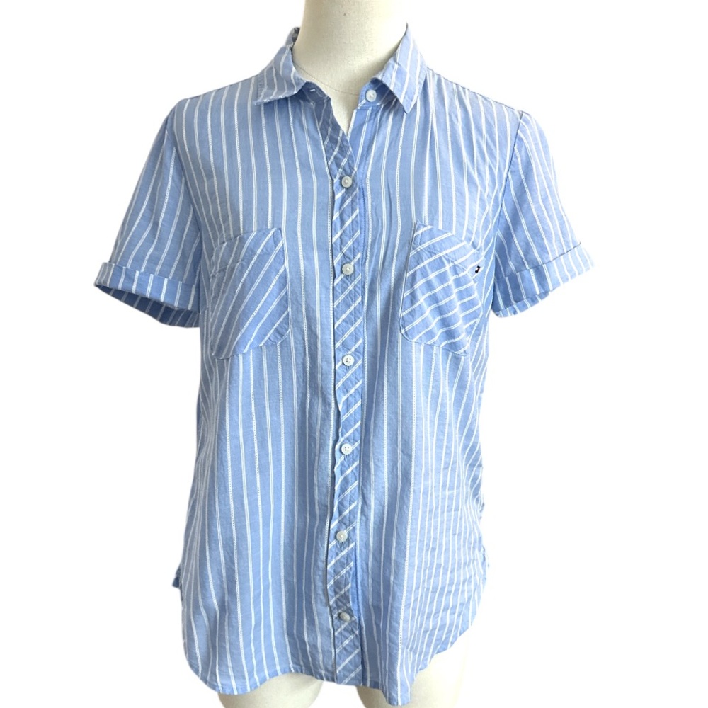 Tommy Hilfiger Light Blue Striped Camp Shirt front pocket women’s size S/P (D69)